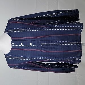 Richards Size 2 Blue with Embroidered Stripe, 1/4 Button Long Sleeve Blouse